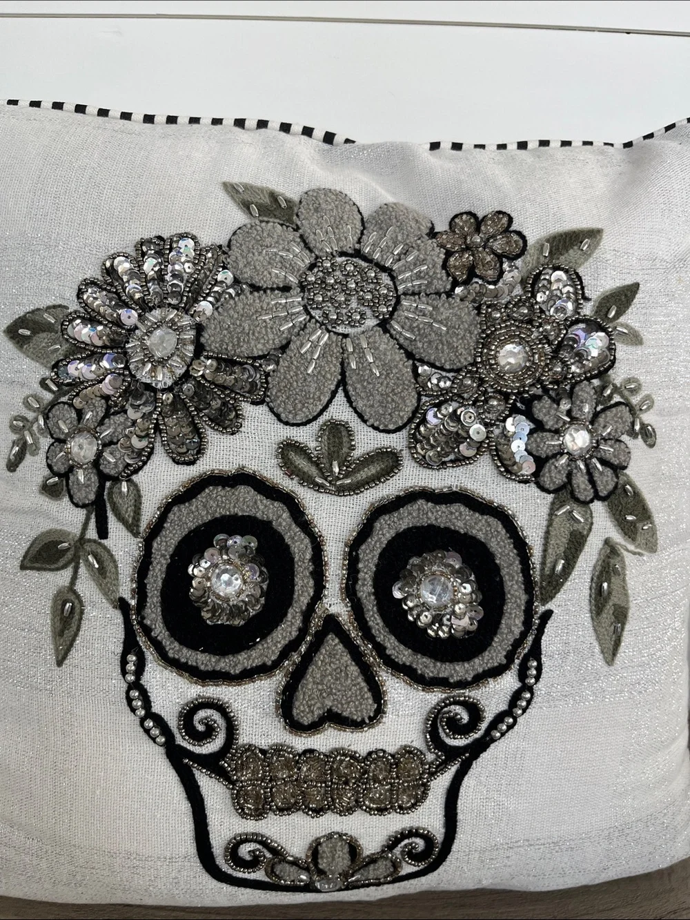 Rare Ornate Sugar Skull Day Of Dead Halloween Skeleton Pillow Beaded Embroidered